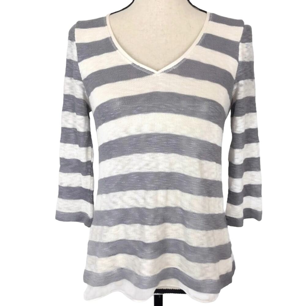 White House Black Market Blouse 3/4 Sleeve Striped Split Back Top Sz XS Womens